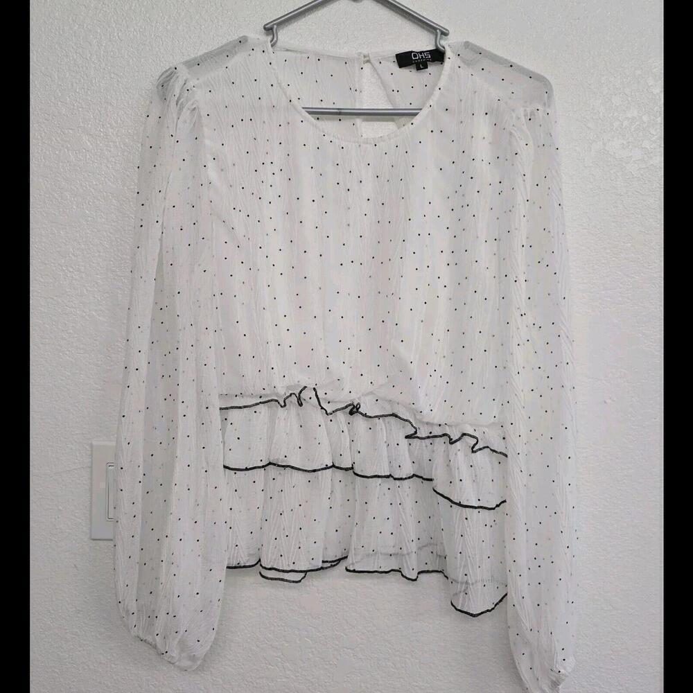 Women’s Polka Dot Ruffle Long Sleeve Blouse White Sz L Romantic Feminine Cottage